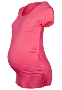 Těhotenské tričko, jasně růžové, měkká bavlněná látka, krátké rukávy, výstřih do V, má přední kapsu, na bocích nařasení pro pohodlí.