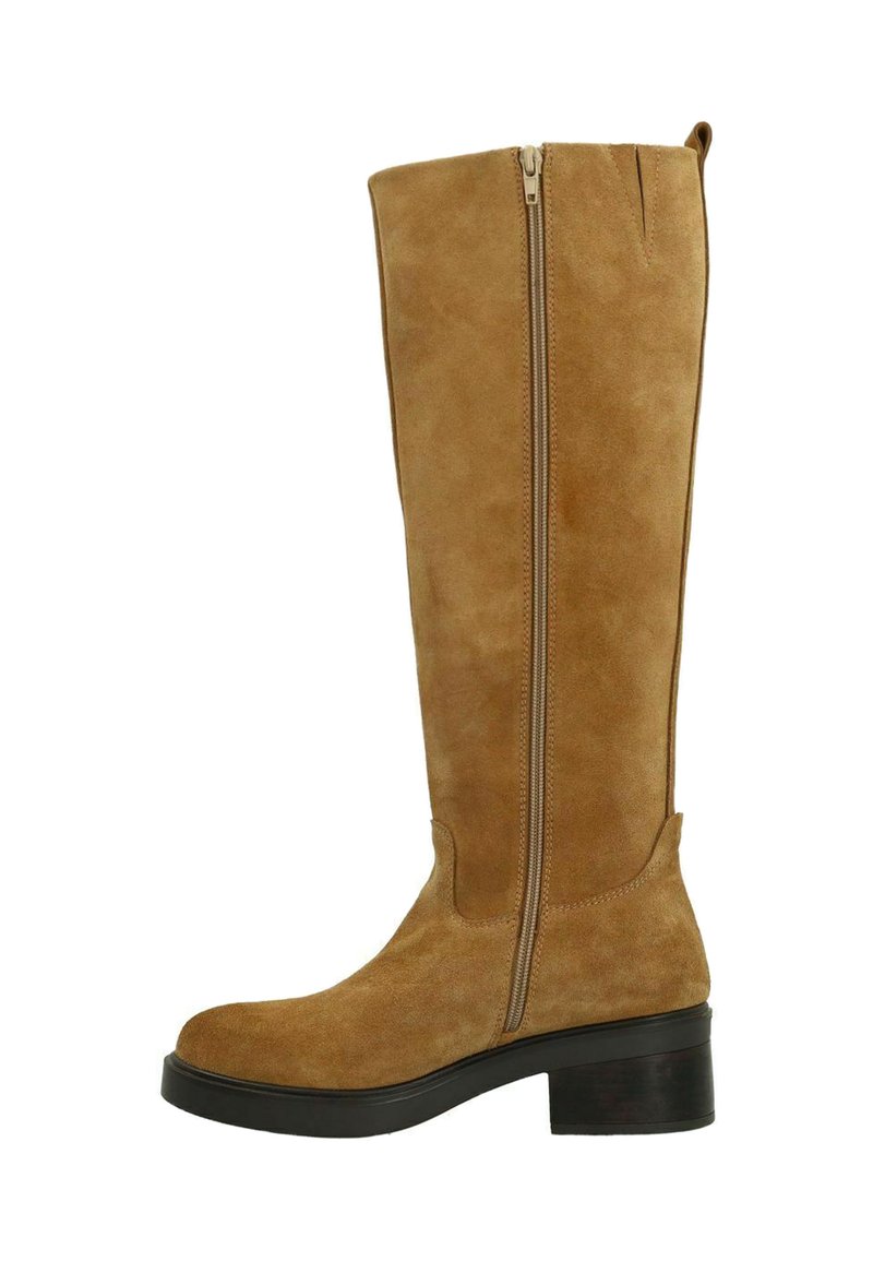 Tall suede boots with a smooth texture, featuring a side zipper and a chunky black heel. Color is a warm tan with clean lines.