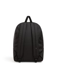 Sac à dos en tissu noir avec deux bretelles rembourrées, de forme rectangulaire, boucles latérales ajustables et texture lisse.