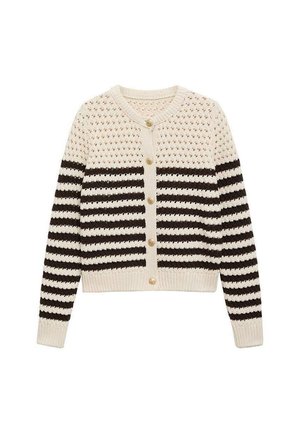 Gestrickte Cardigan in Creme mit dunkelbraunen Streifen, mit rundem Ausschnitt, Knopfverschluss und strukturiertem Stoff mit einem Häkelmuster.