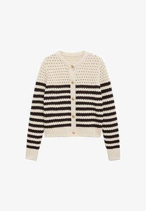 Pleteni kardigan v krem in temno rjavih črtah, s krožnim ovratnikom, zapiranjem na gumbe in teksturirano tkanino z obliko iz kvačkanja.