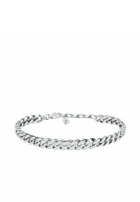Bracciale in argento con maglie spesse, finitura lucida e chiusura sicura. Include un piccolo charm con marchio.