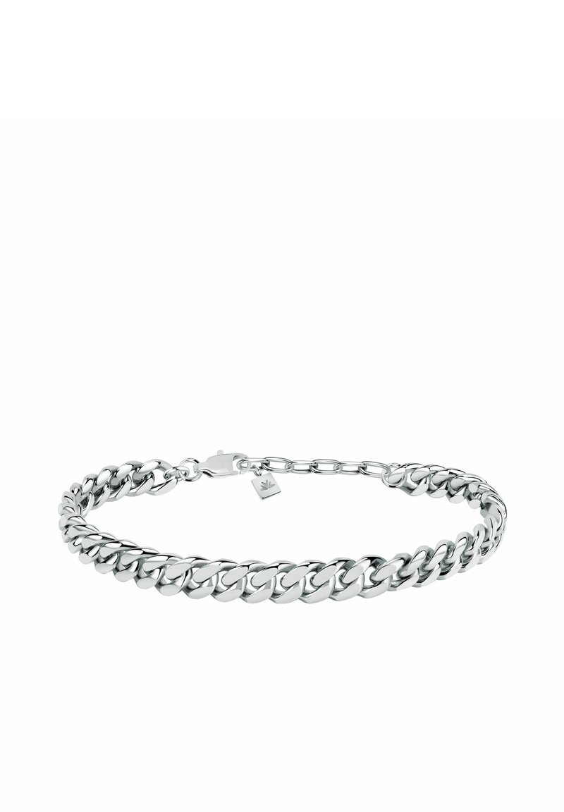 Bracciale in argento con maglie spesse, finitura lucida e chiusura sicura. Include un piccolo charm con marchio.