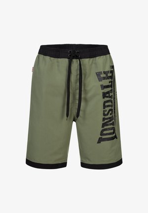 Maslinasto zelene kupaće gaće s crnim detaljima, elastičnom waistband-om i crnim vezicama; na prednjem dijelu sadrži veliki logotip "TONSDALE".