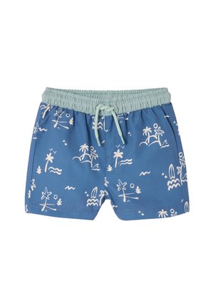 Blue swim shorts with light green elastic waistband and drawstring, featuring white tropical palm tree and wave pattern.