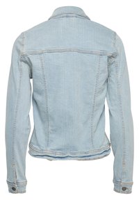 Šviesiai mėlynas džinsinis švarkas, turintis klasikinį apykaklę, ilgomis rankovėmis ir prigludusią siluetą su siuvinėjimais nugaroje ir ant rankovių.