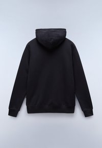 Black hoodie featuring a large hood, long sleeves, and a ribbed waistband. The fabric appears soft with minimal seams and no visible logos.