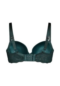 Dark green bra featuring smooth, padded cups with lace trim, adjustable straps, and hook-and-eye closure at the back.