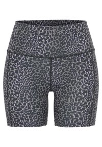 Hochtaillierte Trainingsshorts im grau-schwarzen Leopardenprint mit einer glatten Textur und kontrastierenden Nähdetails.