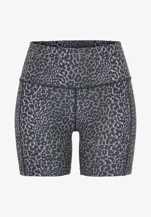 Hochtaillierte Trainingsshorts im grau-schwarzen Leopardenprint mit einer glatten Textur und kontrastierenden Nähdetails.