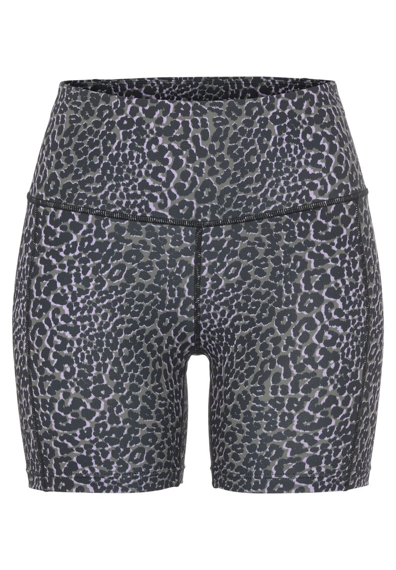 Hochtaillierte Trainingsshorts im grau-schwarzen Leopardenprint mit einer glatten Textur und kontrastierenden Nähdetails.