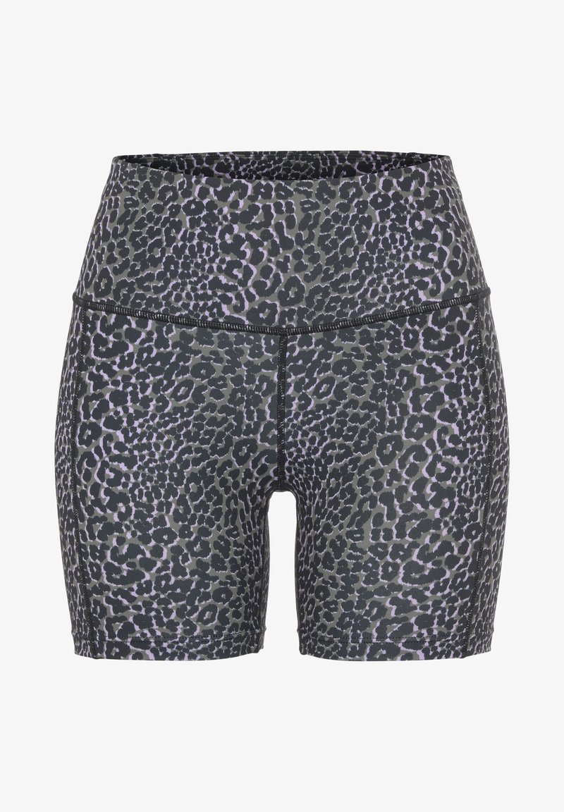 Hochtaillierte Trainingsshorts im grau-schwarzen Leopardenprint mit einer glatten Textur und kontrastierenden Nähdetails.