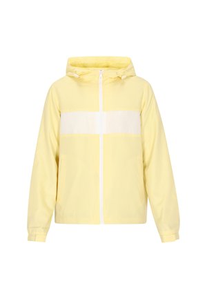Yellow hooded jacket with a white horizontal stripe across the chest, front zipper closure, and two side pockets; smooth fabric texture.