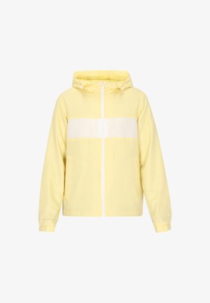 Yellow hooded jacket with a white horizontal stripe across the chest, front zipper closure, and two side pockets; smooth fabric texture.