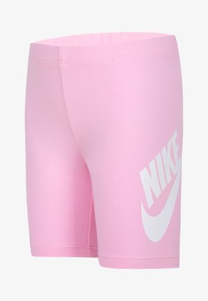 Shorts da ciclismo in cotone rosa con logo Nike bianco sulla coscia sinistra e una texture liscia e elastica. Vita a media altezza.