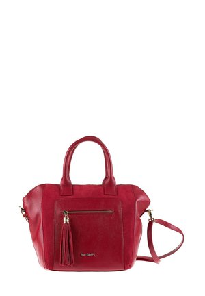 Red leather handbag with top handles, front zip pocket with tassel, and detachable shoulder strap against white background.