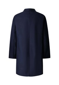 Pánsky tmavomodrý dlhý kabát s rovnakým strihom, dlhými rukávmi a jednoduchým golierom, zobrazený zozadu na bielom pozadí.