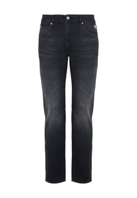 Jeans in denim nero slim fit da uomo con tasche anteriori e posteriori, chiusura a bottone e leggere dettagli di scoloritura sulle gambe.