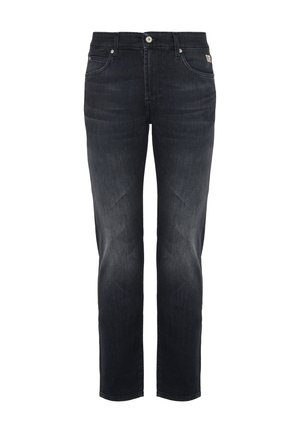 Jeans in denim nero slim fit da uomo con tasche anteriori e posteriori, chiusura a bottone e leggere dettagli di scoloritura sulle gambe.