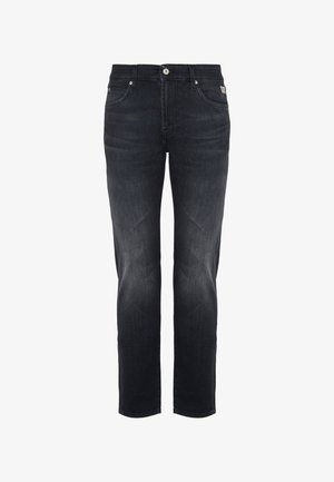 Jeans in denim nero slim fit da uomo con tasche anteriori e posteriori, chiusura a bottone e leggere dettagli di scoloritura sulle gambe.