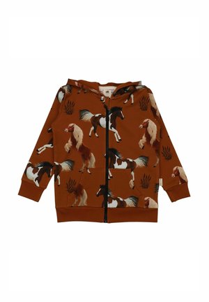 Brauner Zip-up-Hoodie mit einem wiederholten Pferdemuster in verschiedenen Farben. Das Material ist weich, mit einer großzügigen Kapuze und vorderen Taschen.