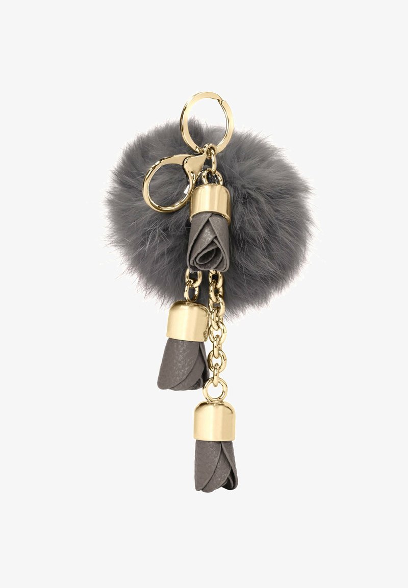 Hallkastetic hall, millel on karvane pom-pom, nahktooted ja kullakarvased detailid; sisaldab kolme rullitud nahkatehnikat ja kinnitusahelat.