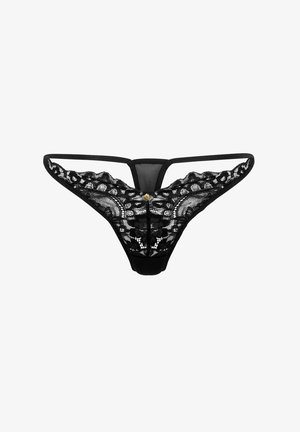 Schwarzer Spitzen-Thong mit floralem Muster, transparentem Material, dünnen Trägern und einem zentralen goldenen Akzent. Minimale Rückendeckung mit einem V-förmigen Design.
