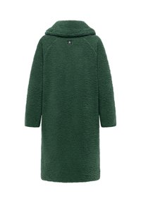 Grön, lång, oversize kappa av texturerad fleece. Har en bred krage och raglanärmar. Baksidan har en liten lapp vid nacken.