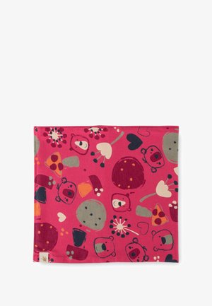 Baumwollstoff mit einem pinken Hintergrund, der bunte Tier- und Blumenmuster in Orange, Grün und Marineblau zeigt. Weiche Textur, rechteckige Form.