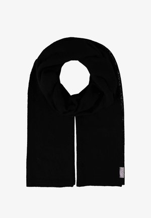 Musta sall, mis on valmistatud pehmest kangast, millel on ümmargune silmuskujundus ja kaks pikendatud otsa. Ühel küljel on väike bränditud silt.