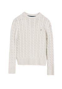Sweter w kolorze kremowym, pleciony w warkocze, z długimi rękawami, ribbowym wykończeniem i okrągłym dekoltem. Na piersiach ma małe haftowane logo.