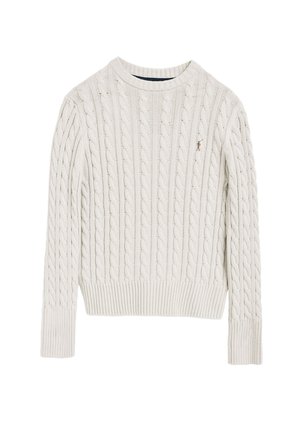 Cremfarbener Grobstrickpullover mit langen Ärmeln, geripptem Saum und Rundhalsausschnitt. Verfügt über ein kleines aufgesticktes Logo auf der Brust.