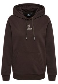 Sweat à capuche marron en tissu doux, avec une poche avant, des cordons de serrage et un petit logo brodé en blanc.