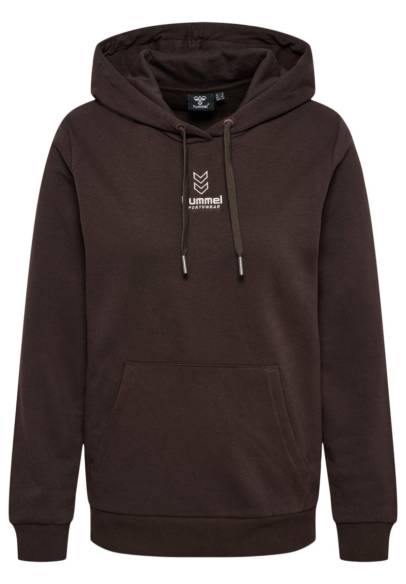 Sweat à capuche marron en tissu doux, avec une poche avant, des cordons de serrage et un petit logo brodé en blanc.