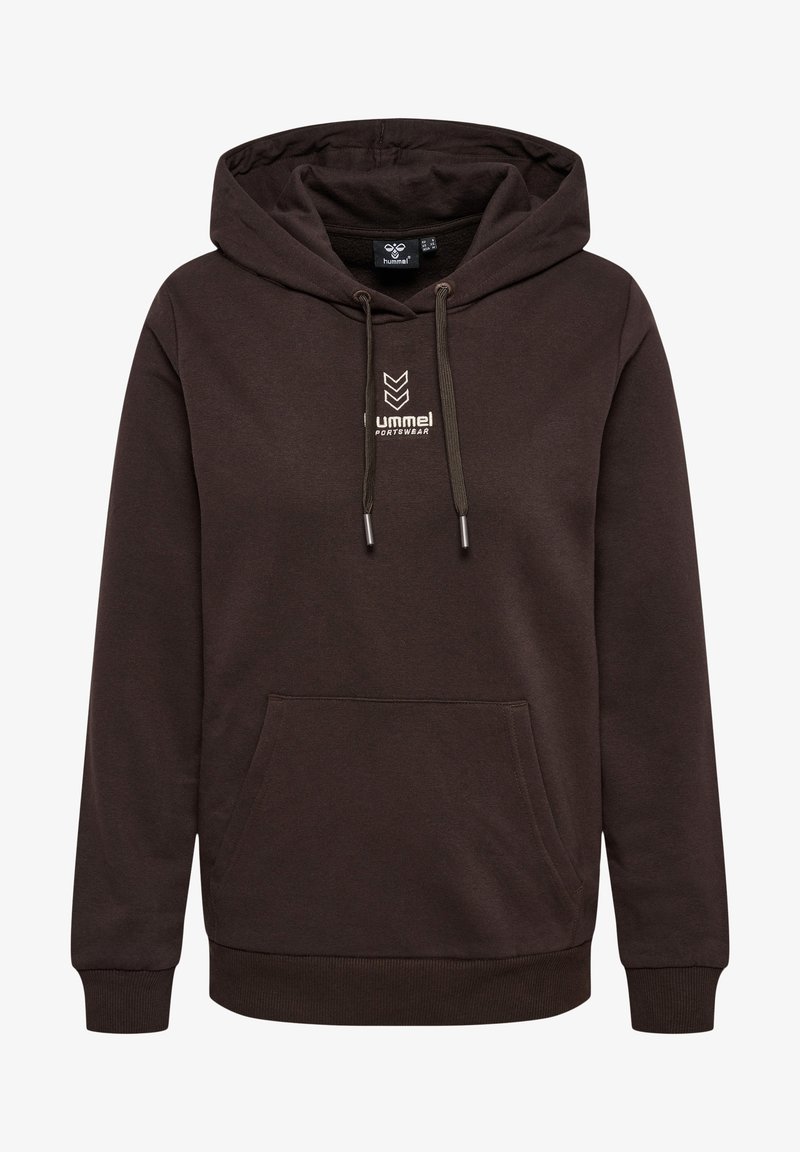 Sweat à capuche marron en tissu doux, avec une poche avant, des cordons de serrage et un petit logo brodé en blanc.