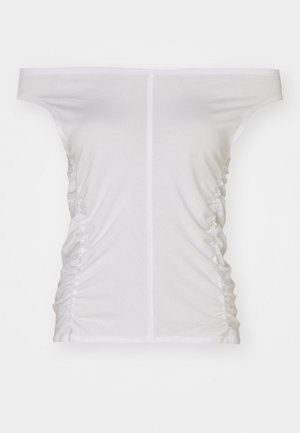 White off-the-shoulder top, gathered side detailing, soft fabric, fitted design, and a straight neckline.