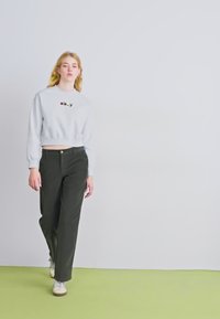 Sudadera gris corta con el logo "obey" en multicolor, combinada con unos pantalones verde oscuro. El modelo también lleva zapatillas blancas. Fondo liso.