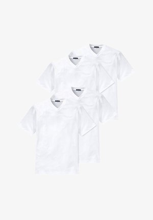 Four white cotton v-neck t-shirts stacked, featuring short sleeves, a smooth texture, and a classic cut with no additional patterns or accents.