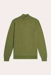 Garen pullover in olijfgroen met een halve rits kraag, lange mouwen en geribde manchetten en zoom. Gladde textuur, minimalistisch ontwerp.