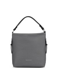 Šedá texturovaná kabelka obdélníkového tvaru s černou rukojetí, stříbrným kováním a přední ozdobou s logem.