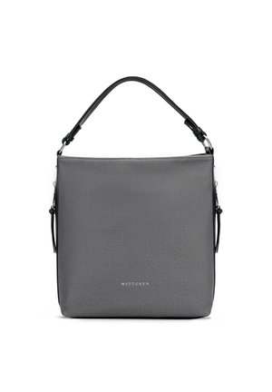 Šedá texturovaná kabelka obdélníkového tvaru s černou rukojetí, stříbrným kováním a přední ozdobou s logem.