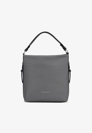 Graue, strukturierte Handtasche in rechteckiger Form, mit einem schwarzen Griff, silberner Beschläge und einer Logo-Verzierung auf der Vorderseite.