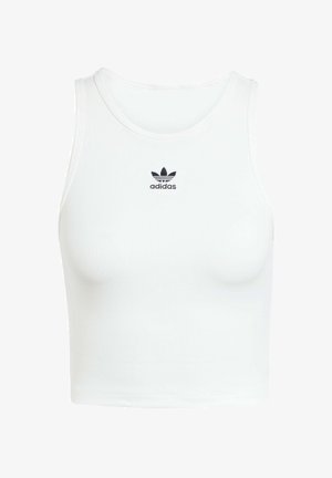 Valge puuvillane tank top, millel on vormiv ribatud tekstuur, ümmargune kaelus ja ees must õmmeldud Adidas logo.