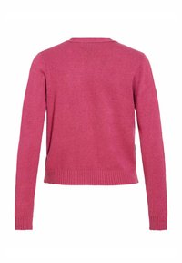 Suéter de punto rosa de manga larga y cuello redondo con puños y ribete acanalados, mostrado desde atrás sobre un fondo blanco.