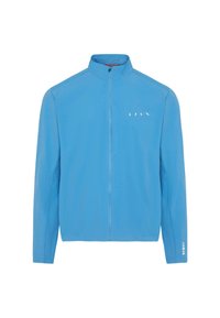 Világoskék cipzáras dzseki magas gallérral, hosszú ujjakkal és négy fehér díszcsíkkal a mellkason. Simább, könnyű anyag.