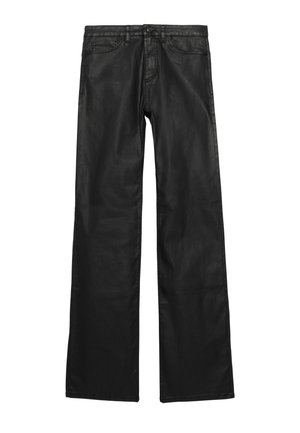 Pantaloni in pelle nera con design a gamba larga, caratterizzati da una texture liscia, stile a cinque tasche e chiusura classica con bottone e cerniera.