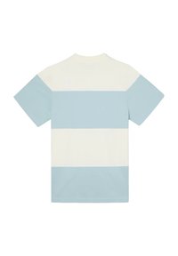 Camiseta de manga corta con rayas horizontales en azul claro y crema. Tejido de algodón suave con cuello redondo. Textura suave.