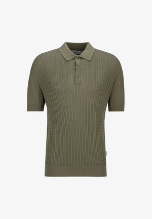 Olivgrünes Strick-Poloshirt mit kurzen Ärmeln, Zopfmuster, Drei-Knopf-Leiste und geripptem Saum und Bündchen.