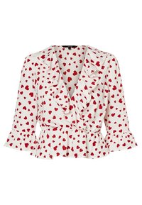 Blusa bianca con stampa di cuori rossi, scollatura a V arricciata, maniche a tre quarti e orlo peplum svasato. Realizzata in tessuto morbido.