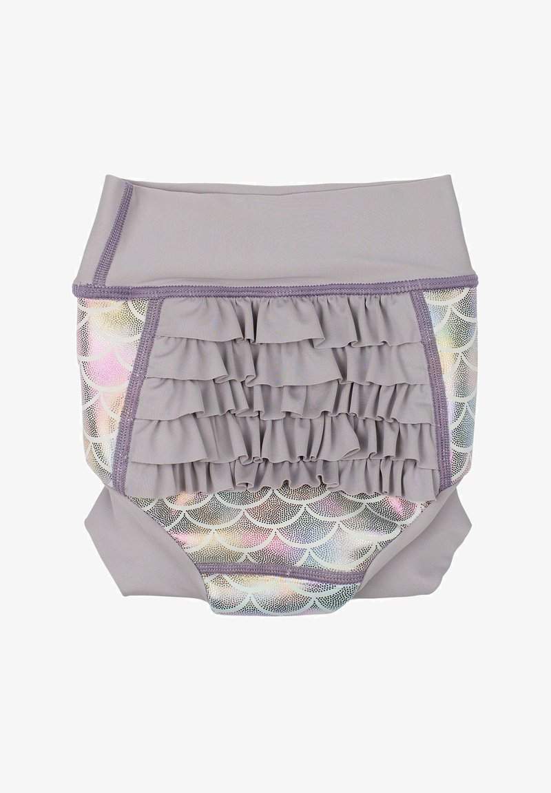 Heledad hallikas ujumispüks, mille esiosas on volangid, külgedel sädeleva kaalumustri ja pastellvärvidega ning kõrge vöödiseguga.